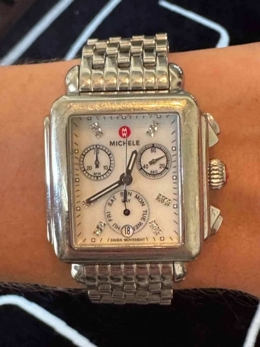 Michele silver Chronograph Watch with silver band and extra Brown Leather Strap